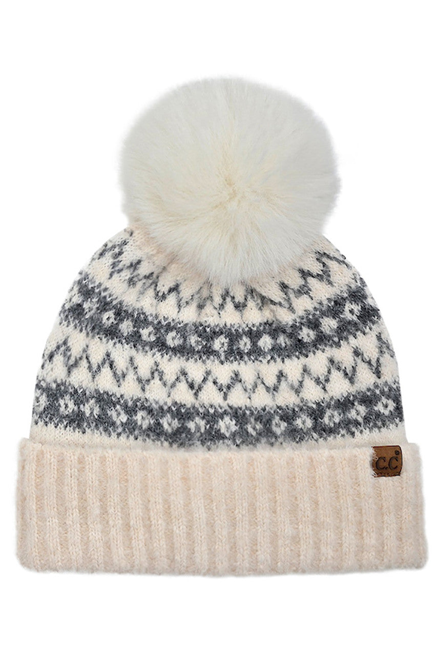 C.C Fair Isle with Solid Faux Fur Pom Beanie