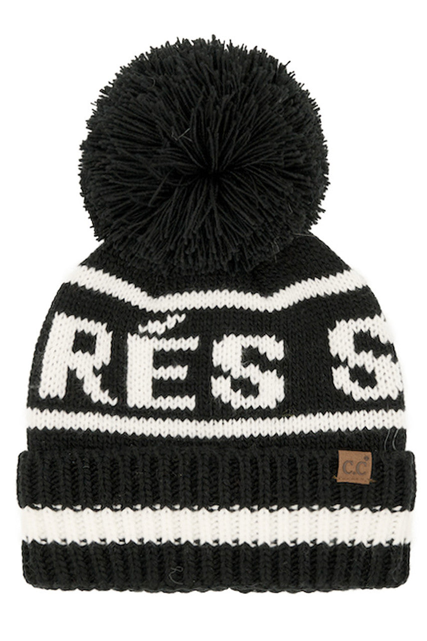C.C Women's Apres Ski Lettering Yarn Pom Beanie
