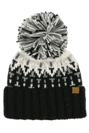 C.C Geometric Pattern Multi Color Yarn Pom Beanie