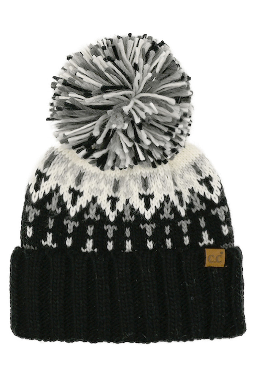 C.C Geometric Pattern Multi Color Yarn Pom Beanie
