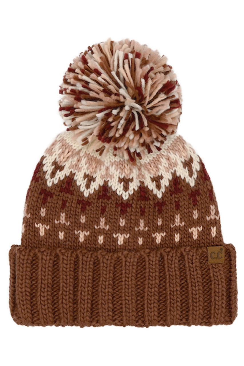 C.C Geometric Pattern Multi Color Yarn Pom Beanie