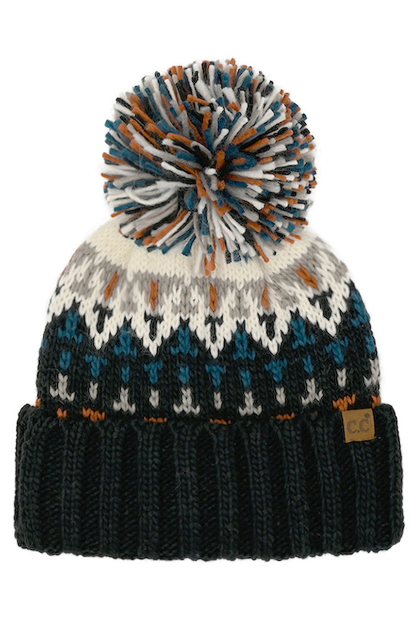 C.C Geometric Pattern Multi Color Yarn Pom Beanie
