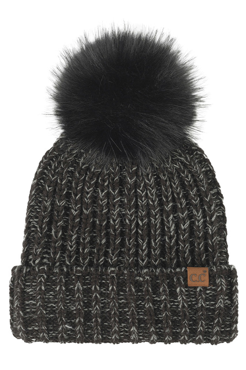 C.C Two Tone Heather Faux Fur Pom Cuff Beanie