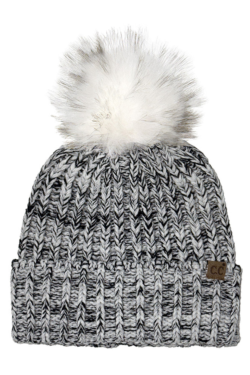 C.C Two Tone Heather Faux Fur Pom Cuff Beanie