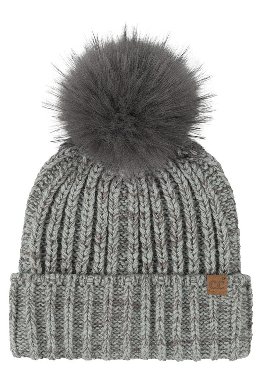 C.C Two Tone Heather Faux Fur Pom Cuff Beanie