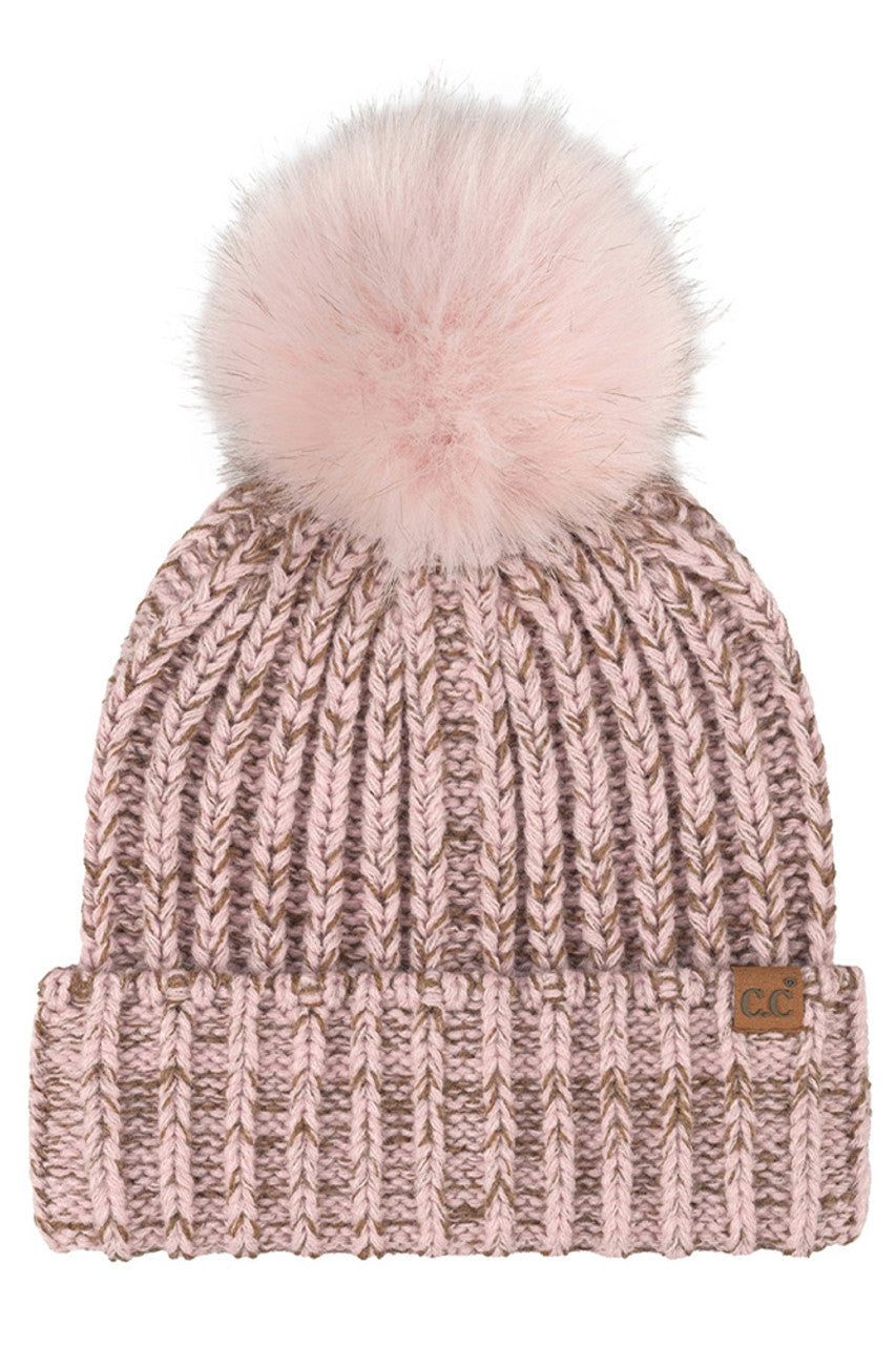 C.C Two Tone Heather Faux Fur Pom Cuff Beanie