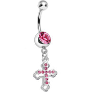 Pink Gem Hollow Cross Charm Double Dangle Belly Ring