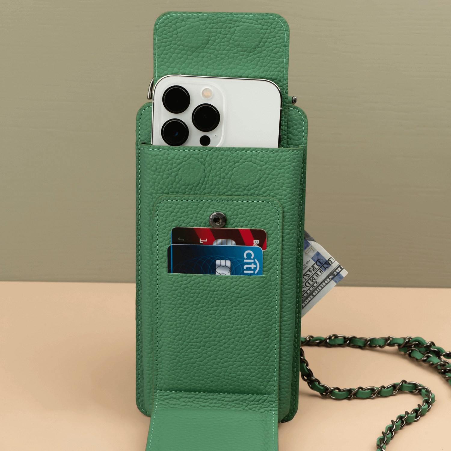 Leather Green Crossbody Bag Phone Wallet - Columbus