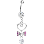 Clear CZ Drop Pink Gem Bow Half Paved Heart Dangle Belly Ring