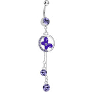 Purple Cubic Zirconia Drops Encircled Butterfly Dangle Belly Ring