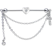 14G Clear Gem Love and Faith Heart Cross Industrial Barbell 38mm