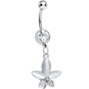 Clear Gem Blooming White Pearly Flower Dangle Belly Ring