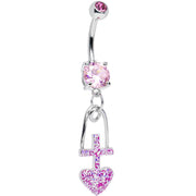 Pink Gem Glitter Cross and Heart Dangle Belly Ring
