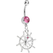 Pink Gem Captain Take the Wheel and Anchor Dangle Belly Ring