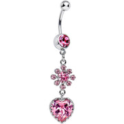 Pink CZ Flower Bomb and Heart Dangle Belly Ring