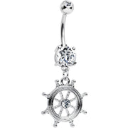 Clear CZ Shimmering Sailor Captain Wheel Dangle Belly Ring
