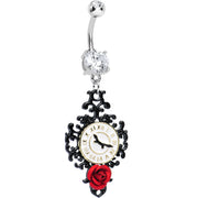 Clear Gem Baroque Clock with Red Rose Flower Dangle Belly Ring