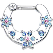 14G 1/4 Aqua and Pink Gem Flowers Septum Clicker