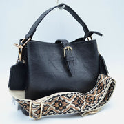 Buckle Strap Bucket Bag with Patterned Crossbody Strap