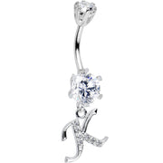 925 Sterling Silver Clear CZ Ornate Script Initial K Dangle Belly Ring