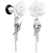 Clear Gem Angel Wing and White Rose Flower Single Flare Dangle Plug Sizes 6mm to 16mm