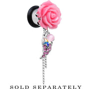 Pink Gem Angel Wing and Pink Rose Flower Single Flare Dangle Plug Sizes 0G to 16mm