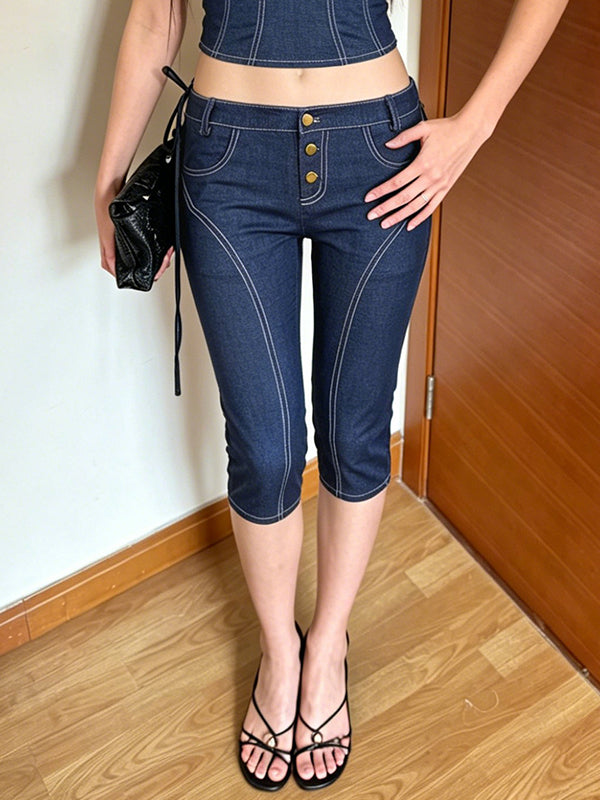 Contrasting Stitching Denim Shorts