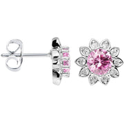 Pink Clear Cubic Zirconia Brilliant Sunburst Flower Stud Earrings
