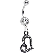 Clear Gem Paved Black Asymmetrical Heart Dangle Belly Ring