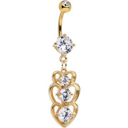 Clear Cubic Zirconia Gold Plated Three Heart Dangle Belly Ring