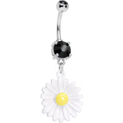 Black Cubic Zirconia White Daisy Flower Dangle Belly Ring