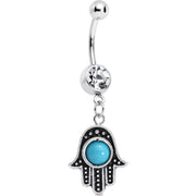 Clear Gem Aqua Orb Hamsa Hand Dangle Belly Ring