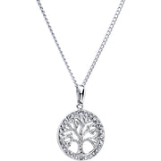 Stainless Chain Clear Gem Tree of Life Medallion Pendant Necklace