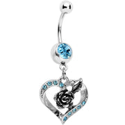 Aqua Gem Tattoo Rose Flower in a Hollow Heart Dangle Belly Ring