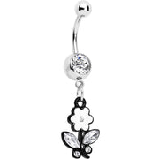 Clear Czech Stone Black Faceted Floral Foliage Dangle Belly Ring