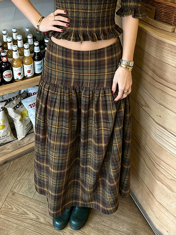 Retro Plaid Color-Blocking Maxi Skirt