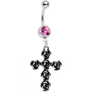Pretty Pink Gem Black Rose Flower Detailed Gothic Cross Dangle Belly Ring