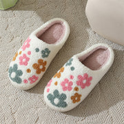 White flower pattern cotton slippers with embroidered floral design – top view