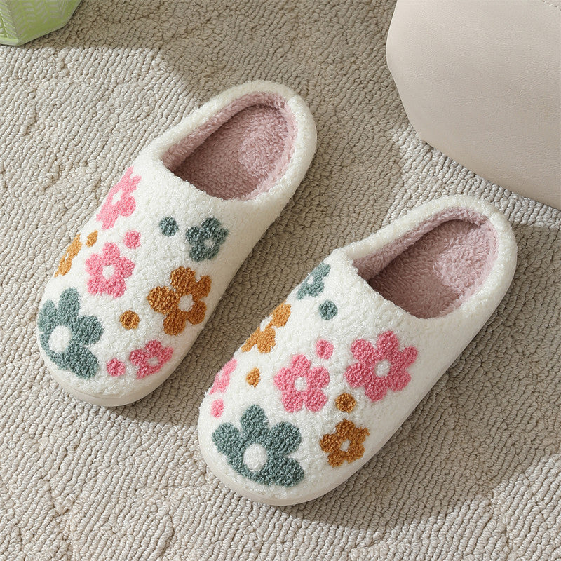 White flower pattern cotton slippers with embroidered floral design – top view