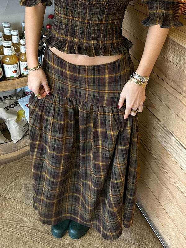 Retro Plaid Color-Blocking Maxi Skirt