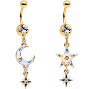 Clear Gem Gold PVD White Moon Star Dangle Belly Ring Set of 2
