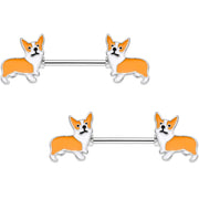14G 9/16 Orange Corgi Puppy Dog Barbell Nipple Ring Set