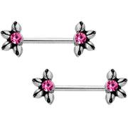 9/16 Pink CZ Blooming Flower Barbell Nipple Ring Set