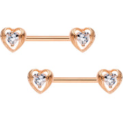 Clear CZ Rose Gold Tone Anodized Hugged Heart Barbell Nipple Ring Set