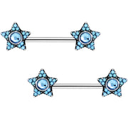9/16 Aqua Gem Encrusted Big Star Barbell Nipple Ring Set