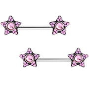 9/16 Pink Gem Encrusted Big Star Barbell Nipple Ring Set