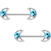 9/16 Aqua Gem Hollow Moon Barbell Nipple Ring Set