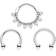 16G 3/8 White Faux Opal Twisted Hoseshoe and Clicker Set of 3
