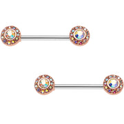 14G Aurora Gem Rose Gold Tone Cluster Barbell Nipple Ring Set