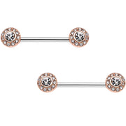 Clear Gem Rose Gold Tone Circular Cluster Barbell Nipple Ring Set